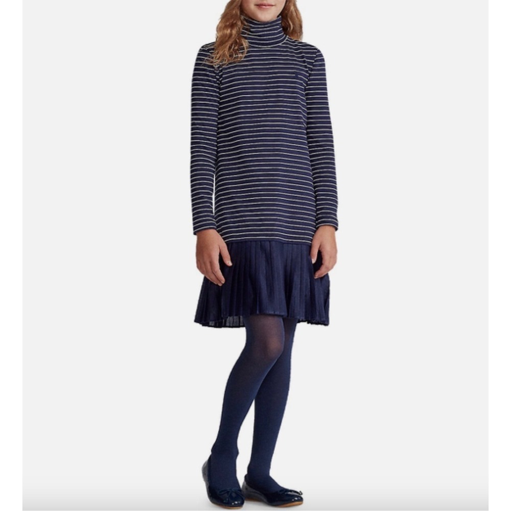 A17 Polo Ralph Lauren Girls XL Navy Striped Turtleneck Pleated Drop Waist Dress
